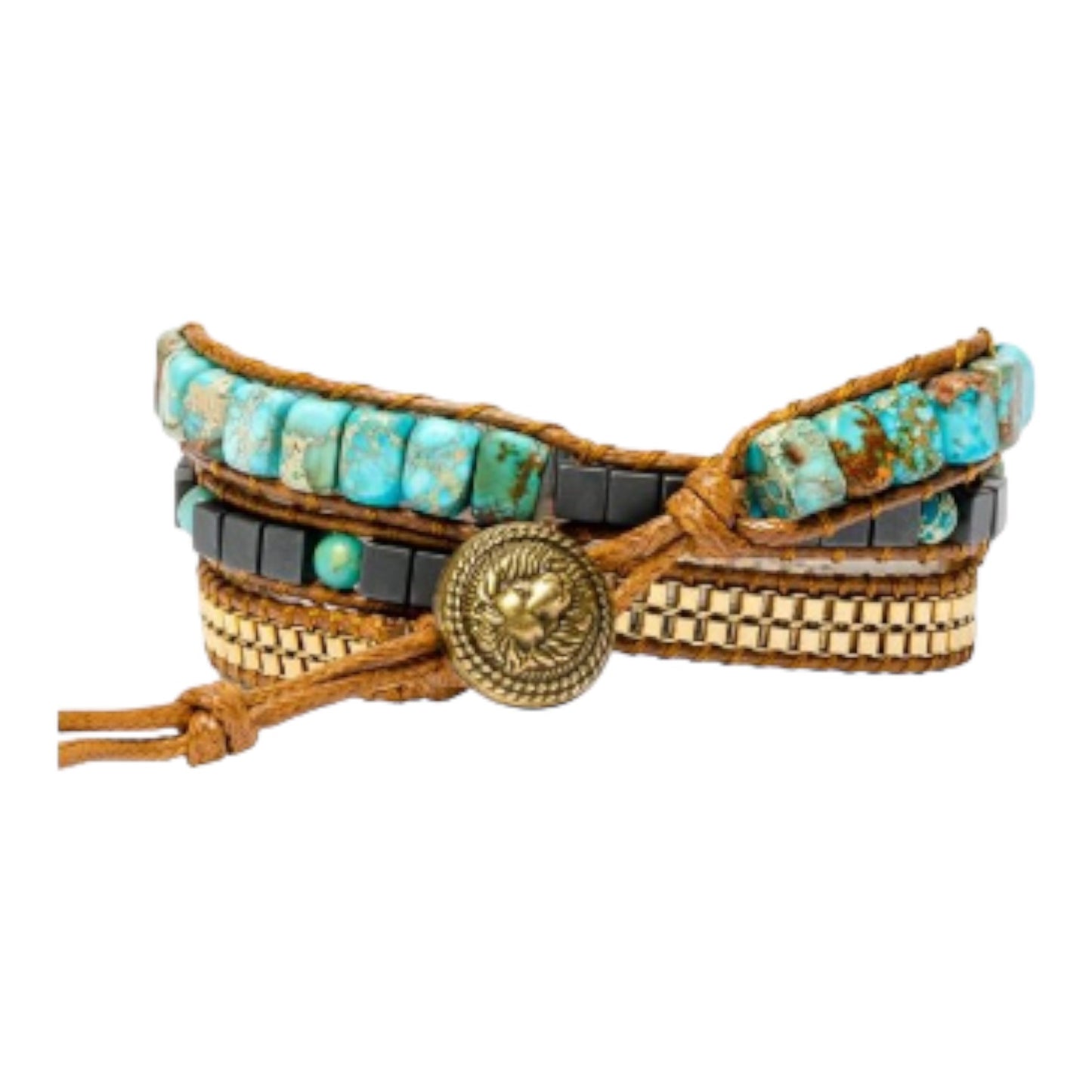 Woven bracelet with turquoise beads and gold button detail.
