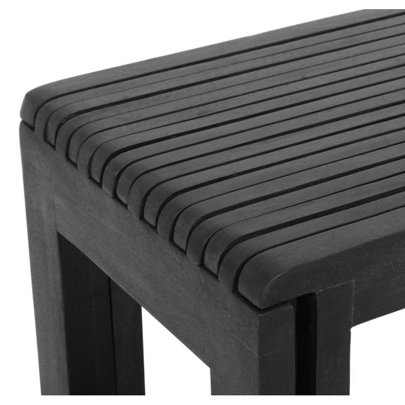 Black slatted bench with clean, modern lines.