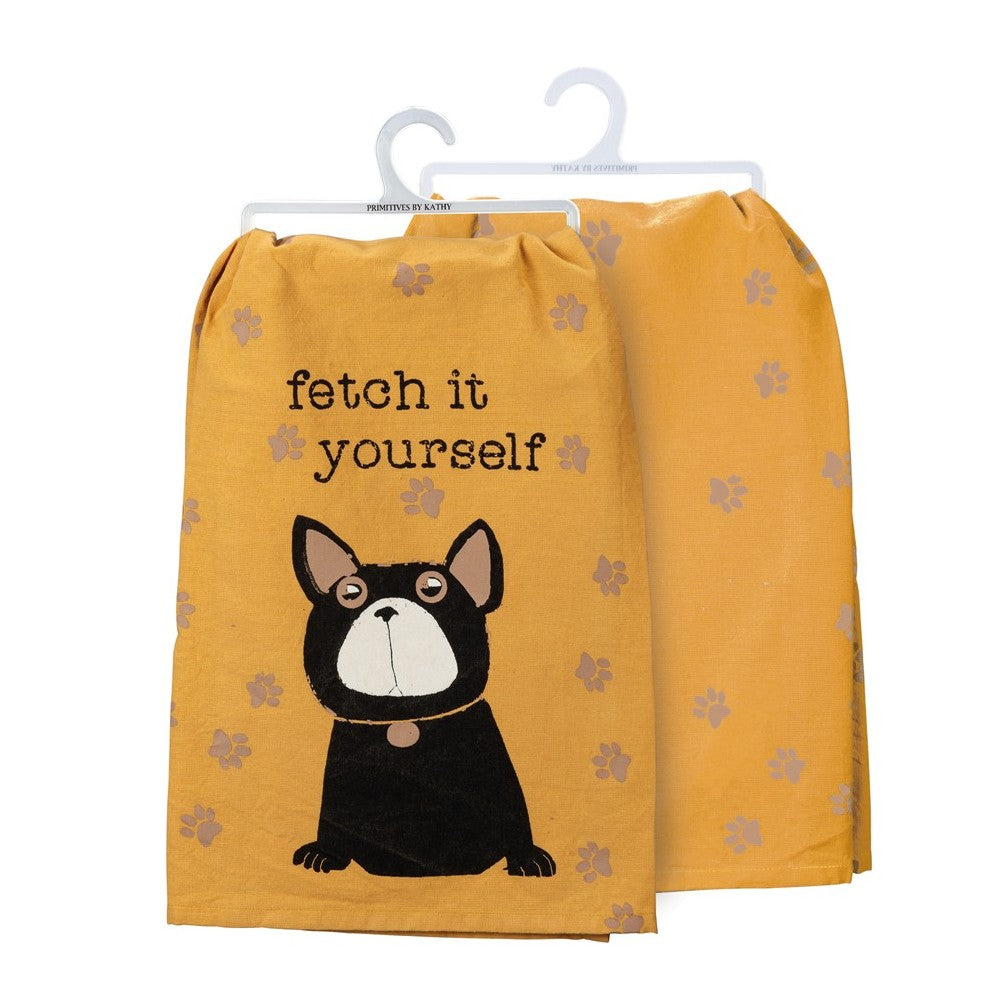 Yellow towel with a dog and "fetch it yourself" text.