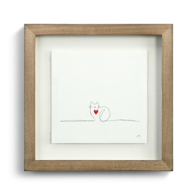 Minimalist cat drawing with a red heart in a wooden frame.
