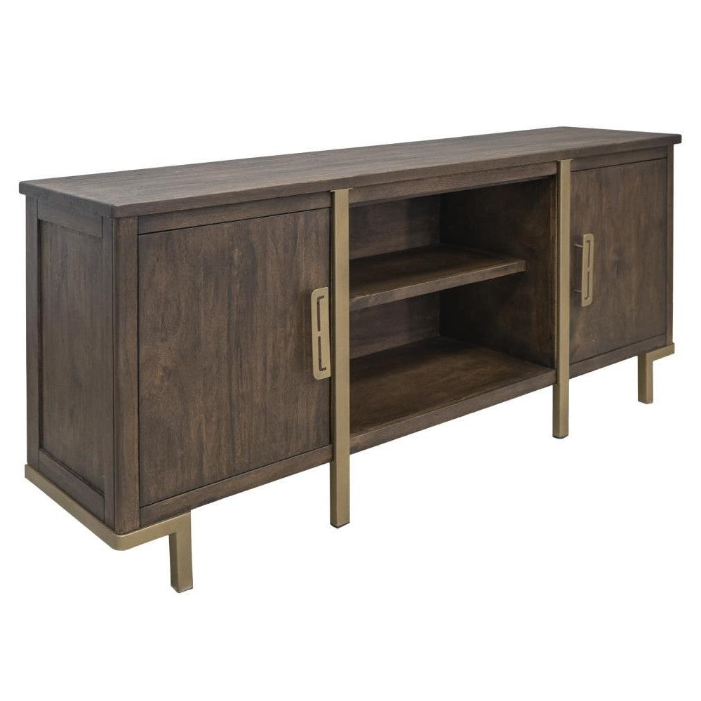 Wooden sideboard with two doors, open shelving, and metallic handles.