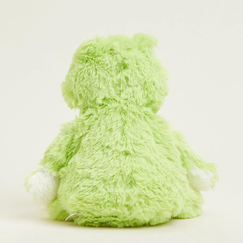 Fuzzy green teddy bear seen from the back.