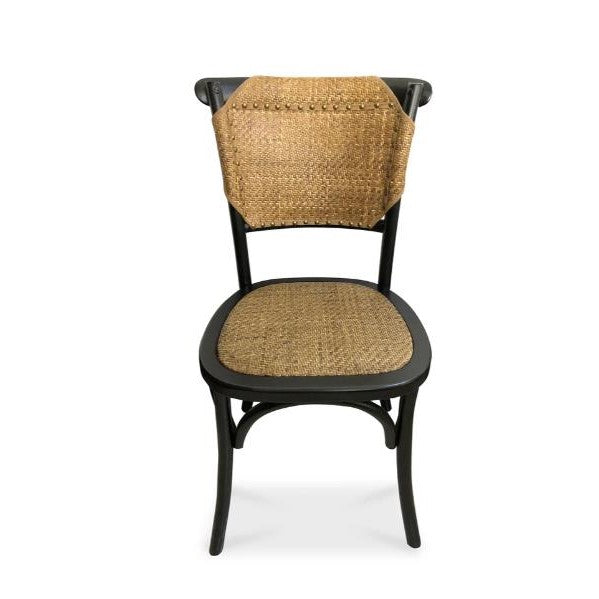 Black chair with a woven rattan seat and backrest.