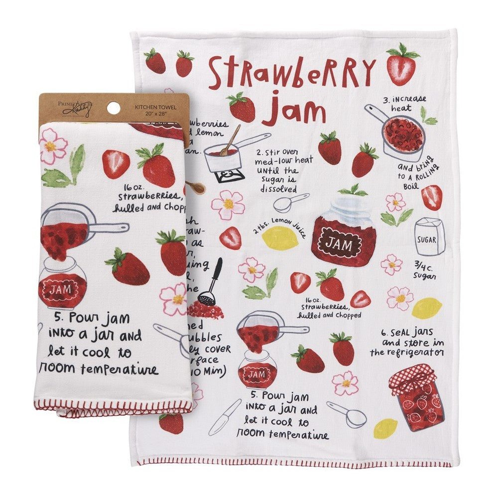 Kitchen towel with a strawberry jam recipe and colorful illustrations.