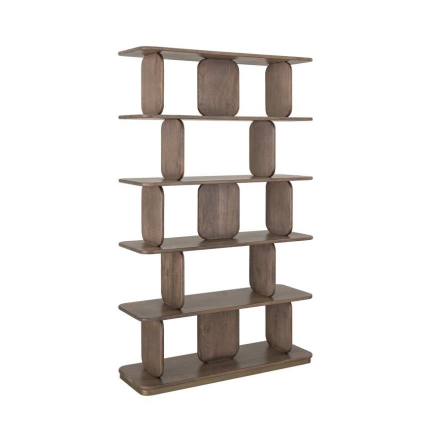 Wooden bookshelf with a unique geometric design.