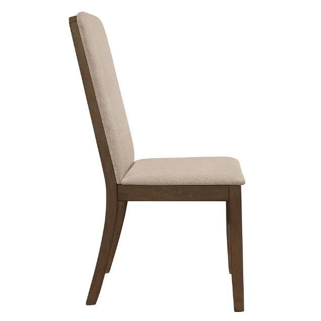 Side view of a beige upholstered chair with a wooden frame.