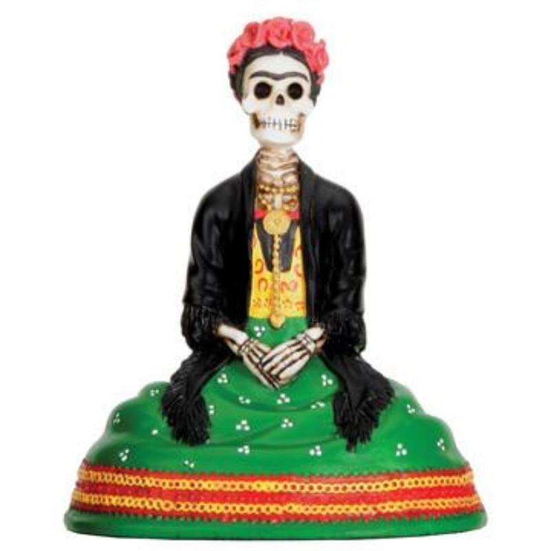 Skeleton in colorful dress with flower crown.