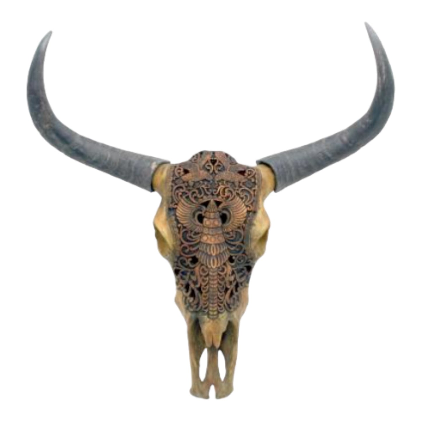 Ornately carved steer skull with large, curved horns.