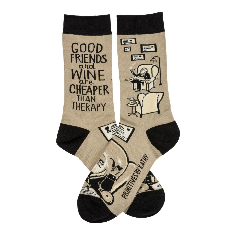 Beige socks with a humorous quote about friends and wine.