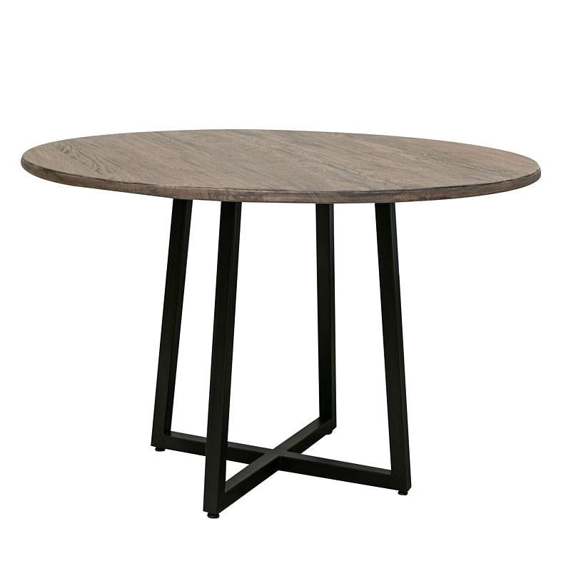 Round wooden table with black metal legs.
