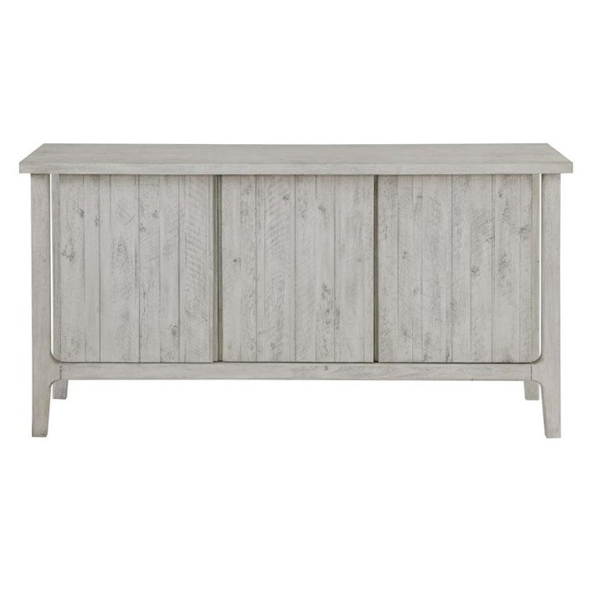 Gray wooden console table with panel design.