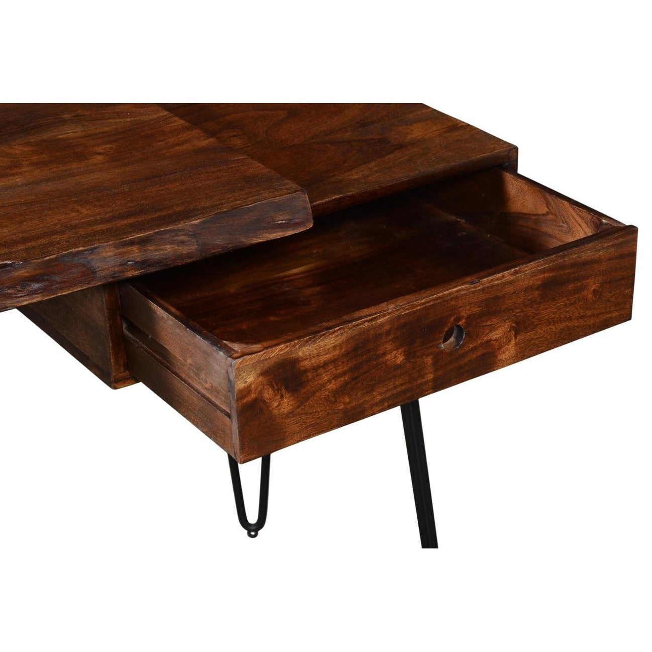 Open wooden drawer in a dark brown table.
