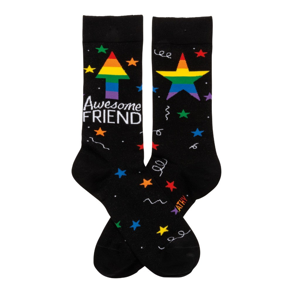 Black socks with colorful stars and "Awesome Friend" text design.