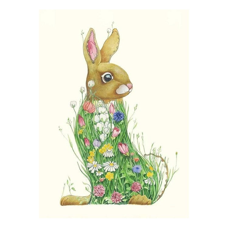 Illustrated rabbit with a body of colorful flowers and grass.