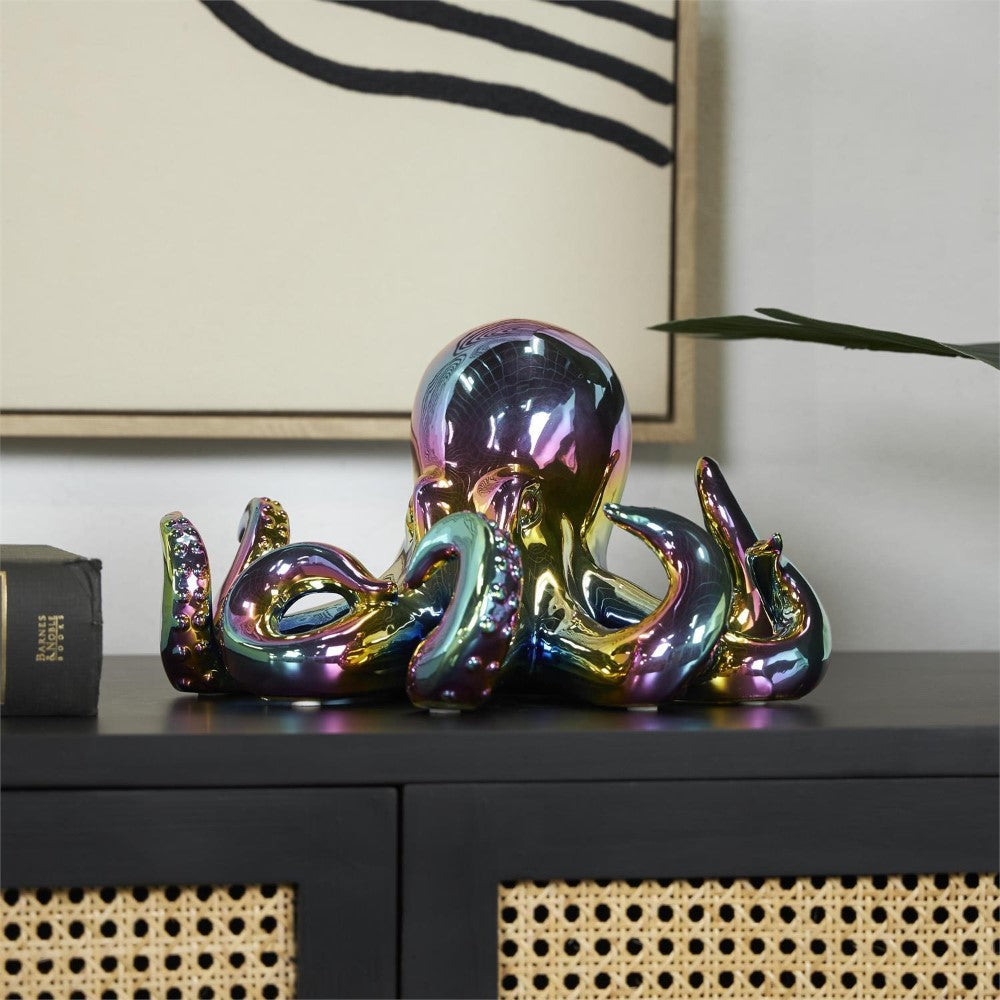 Colorful octopus sculpture on a cabinet.