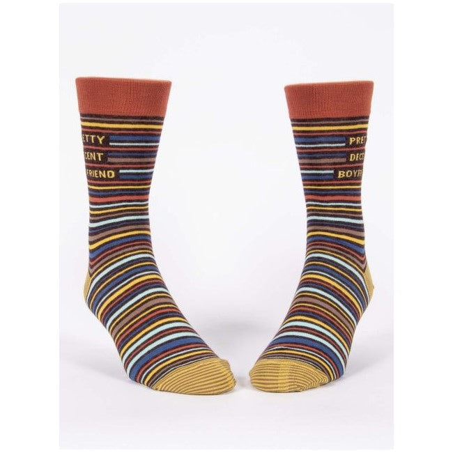 Colorful striped socks with "Pretty Decent Boyfriend" text.