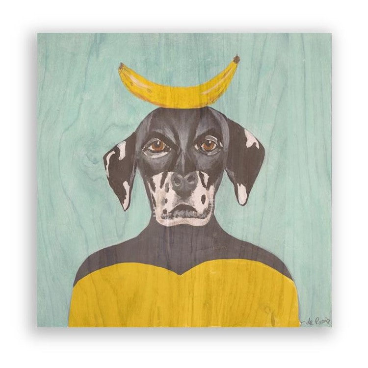 Dog with a banana on head, wearing a yellow shirt, on a teal background.