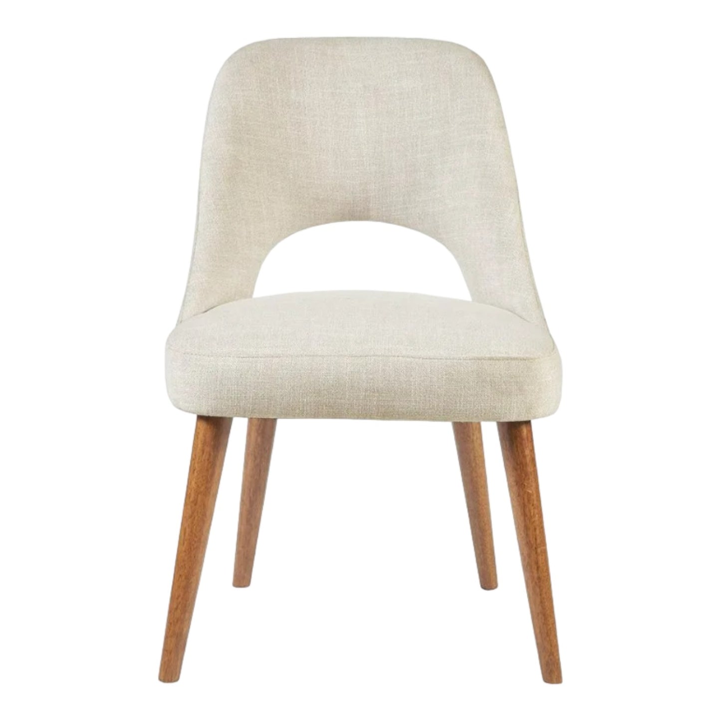 Modern beige chair with wooden legs and a curved backrest design.