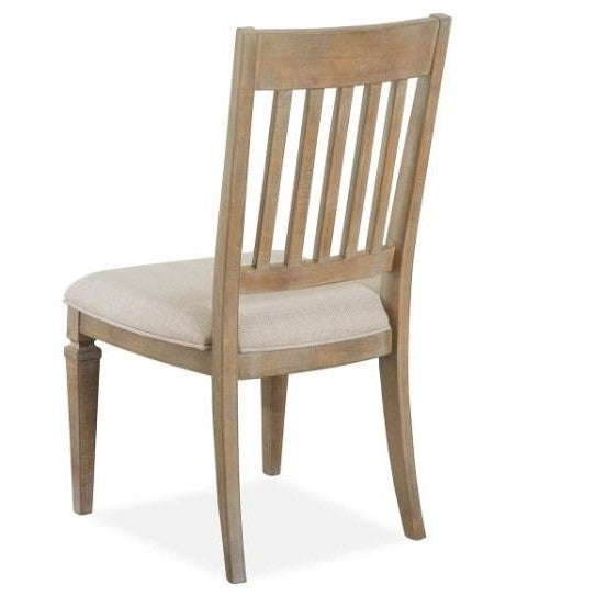 Wooden chair with beige cushioned seat, slatted back design.