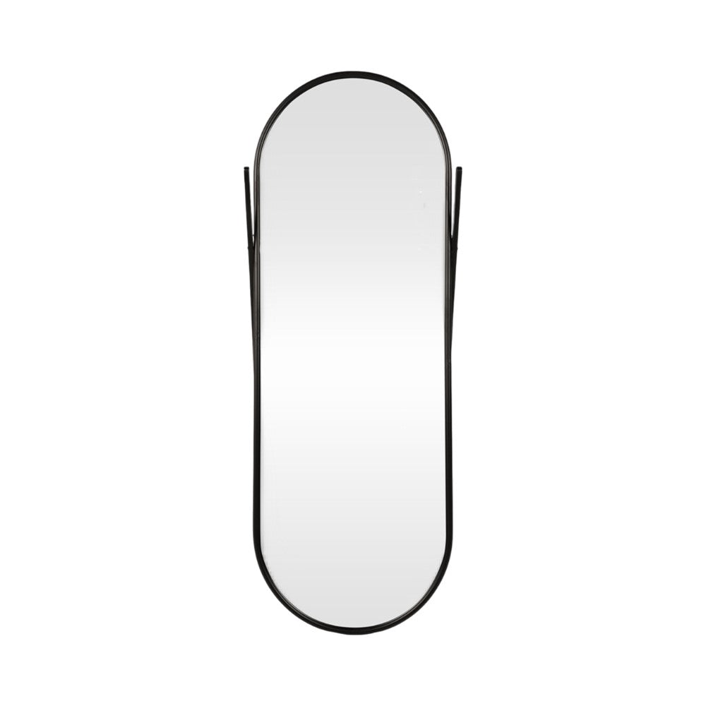 Oval mirror with black frame and minimalist design.