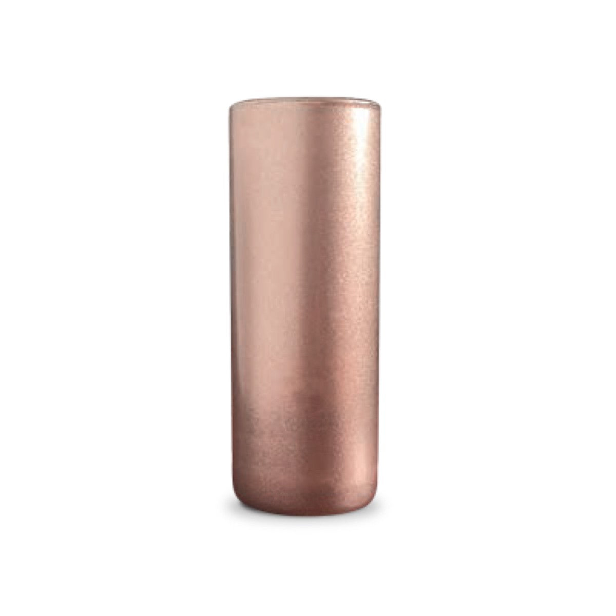 Rose gold cylindrical vase on a white background.