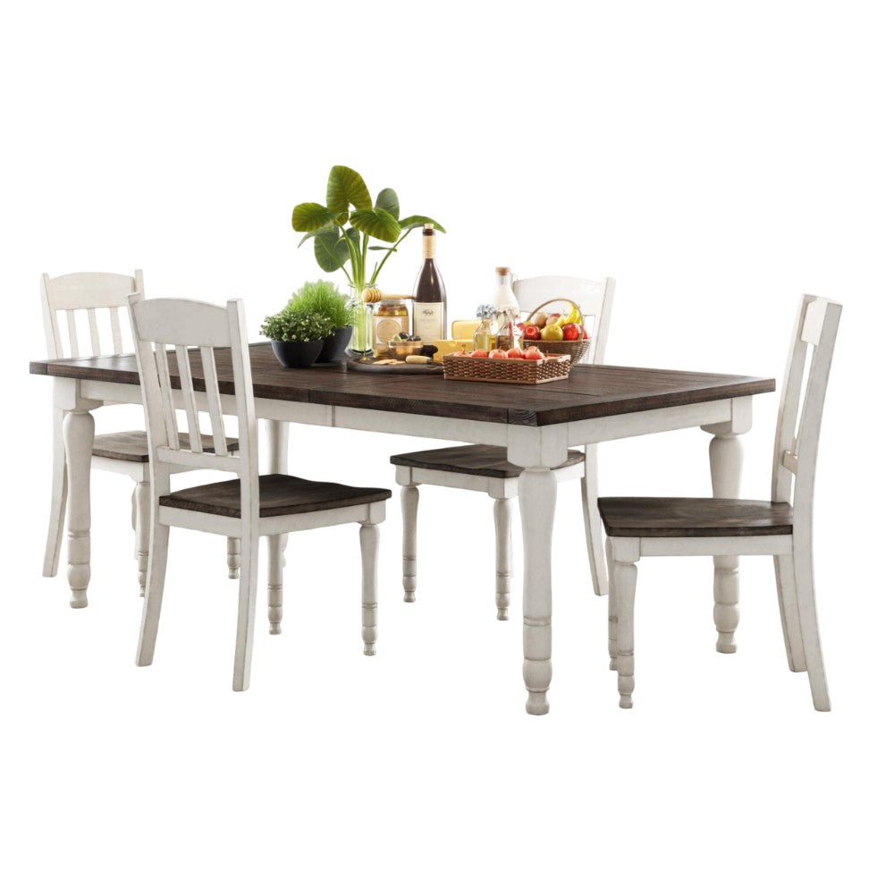Wooden dining set with plants, drinks, and a basket of fruit.