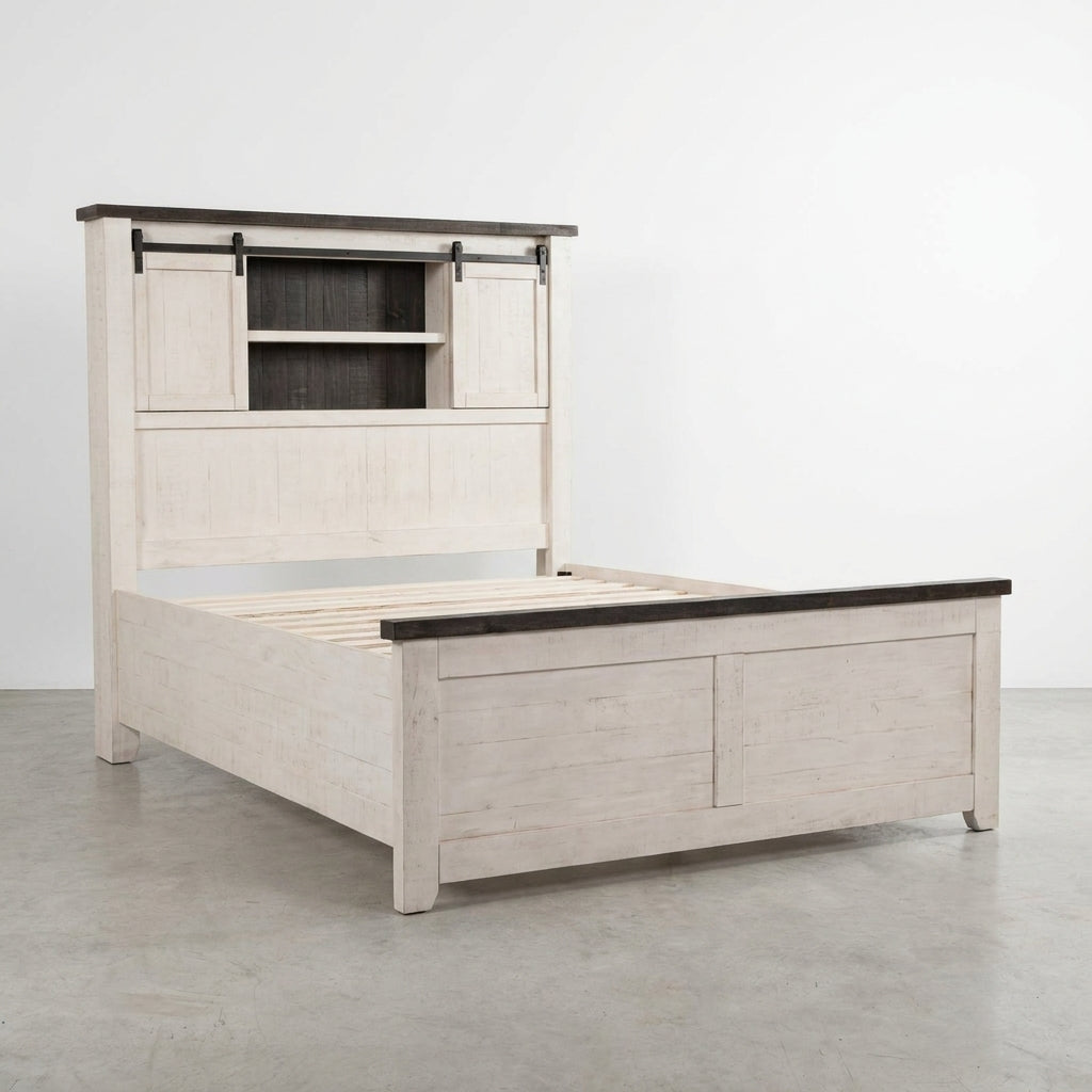 Rustic wooden bed frame with storage headboard.