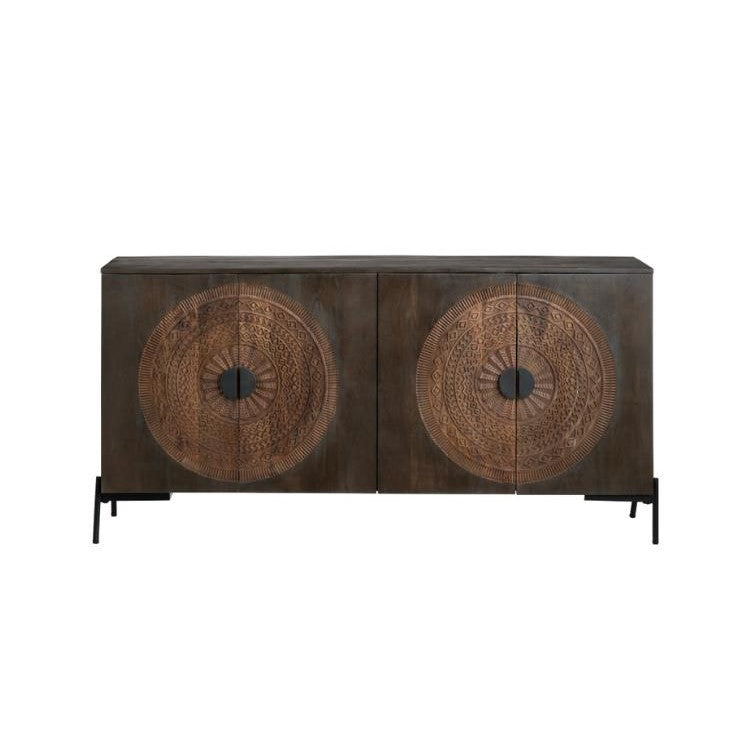 Dark wooden sideboard with intricate circular carvings on doors.