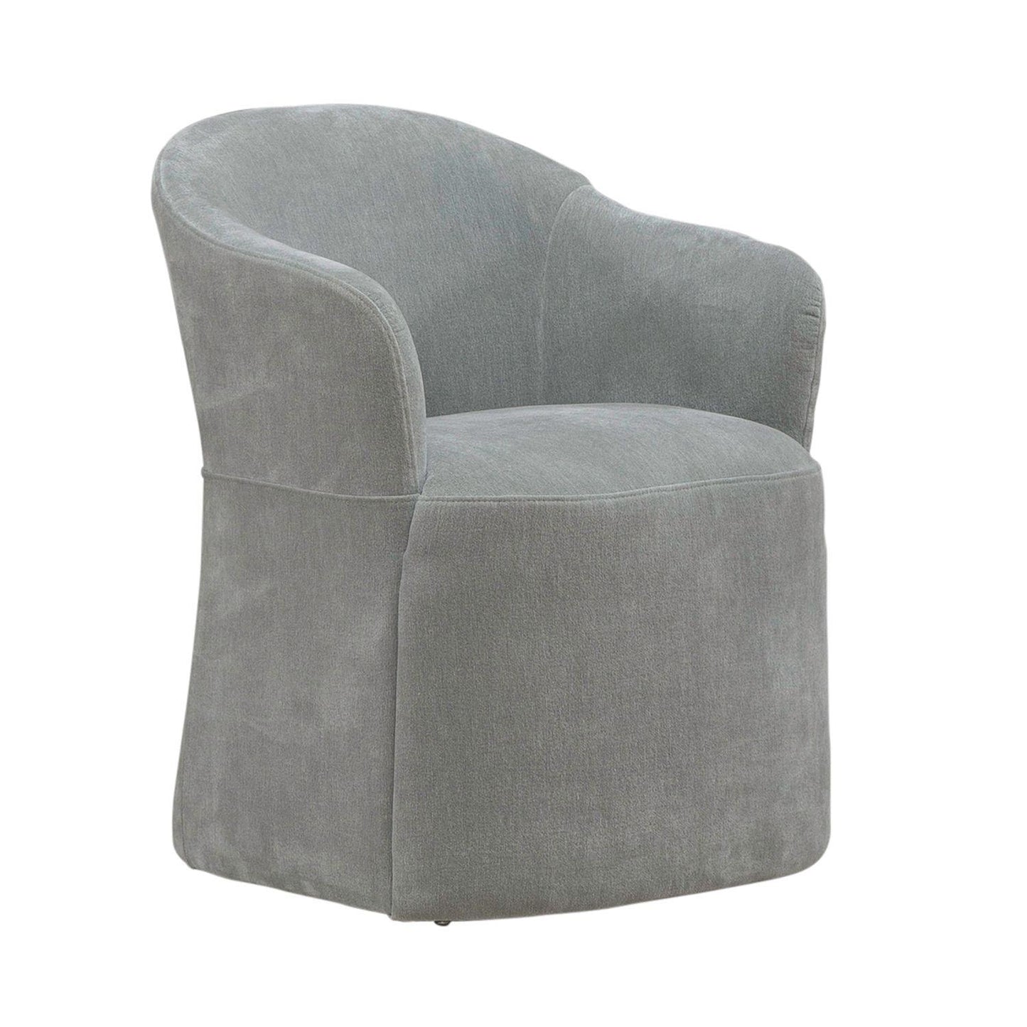 Gray upholstered armchair with a modern design.