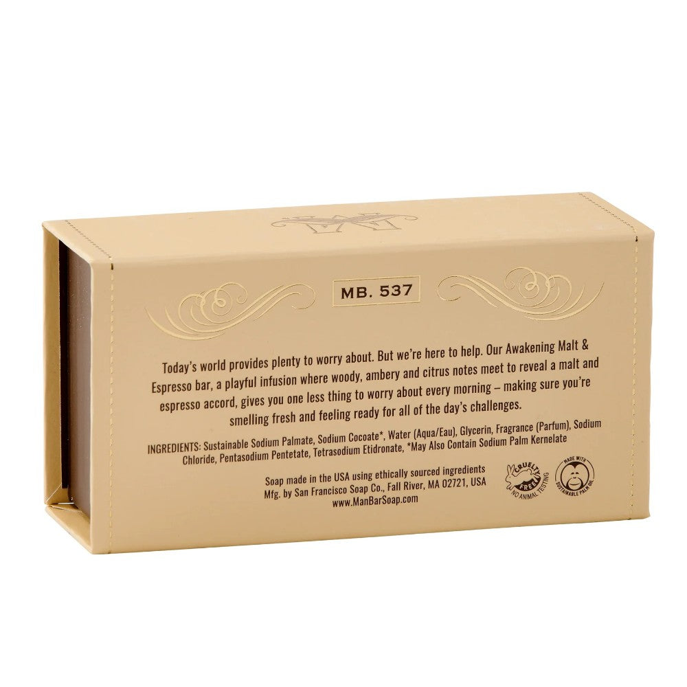 Beige soap box with text and ingredient list on the side.