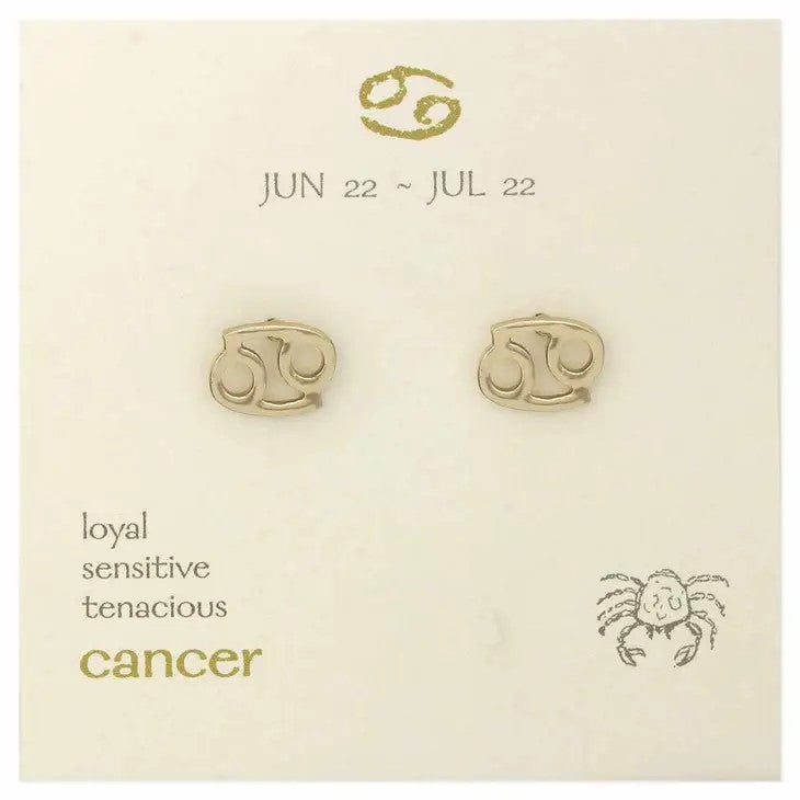 Cancer zodiac earrings, dates and traits with a crab illustration.