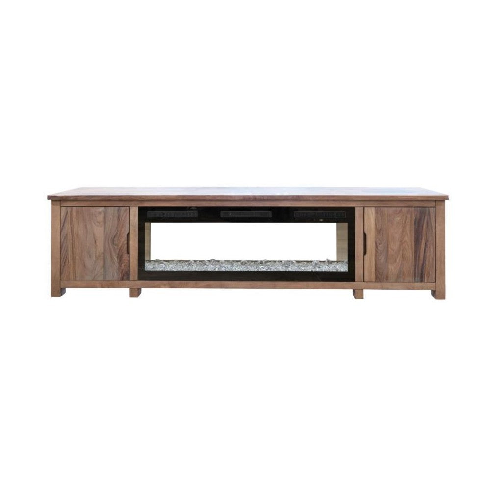 Wooden TV stand with central glass shelf and side cabinets.