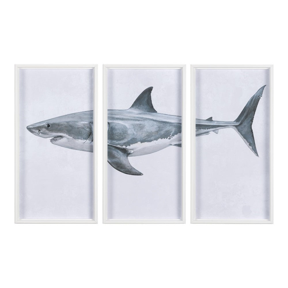 Shark triptych art on three panels with a minimalist design.