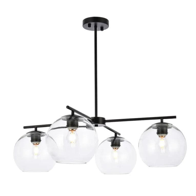 Modern chandelier with clear glass globes and black metal frame.