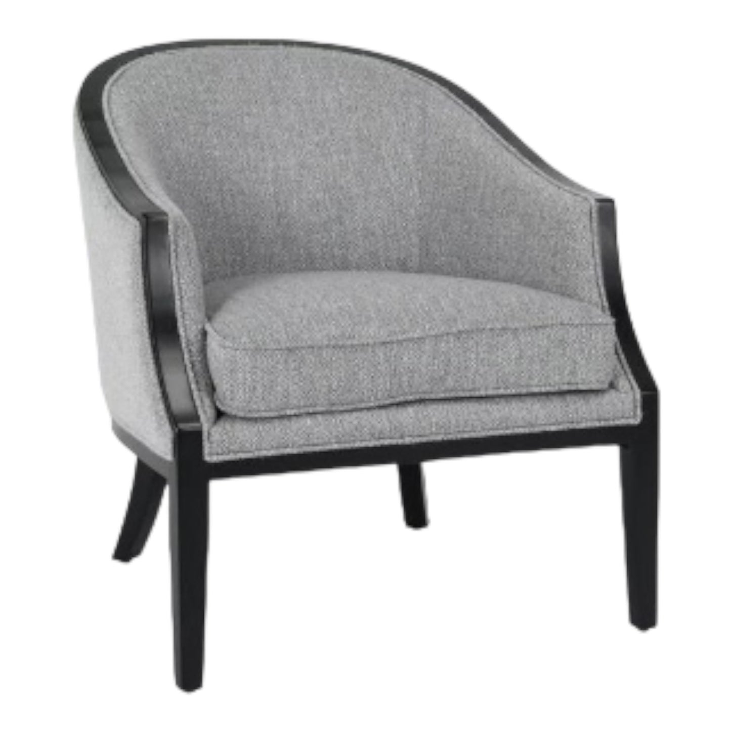 Gray upholstered armchair with dark wooden frame.