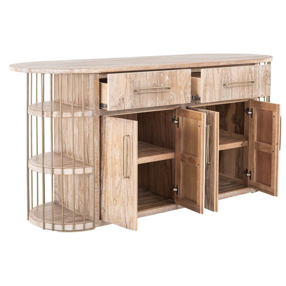 Wooden sideboard with open shelves, drawers, and doors for storage.