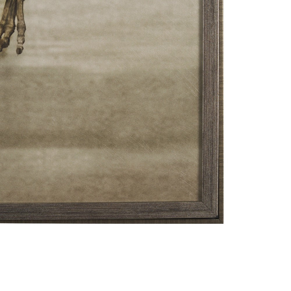 Sepia-toned skeletal hand, framed artwork detail.