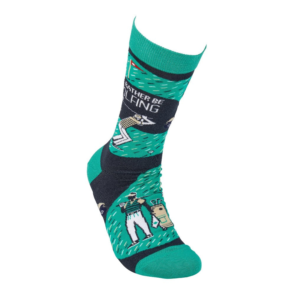 Green sock with golf-themed design and text.