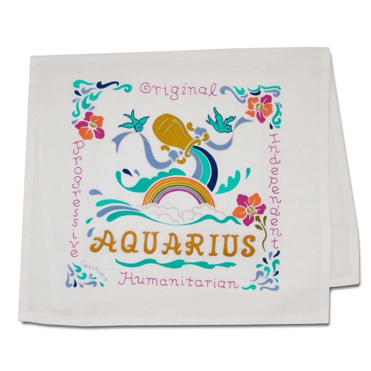 Colorful Aquarius-themed cloth with flowers and words.