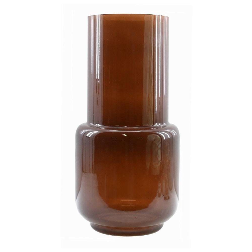 Tall brown glass vase with cylindrical design.