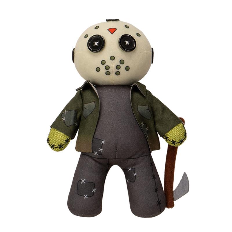 Plush doll with button eyes, hockey mask, and a toy weapon.