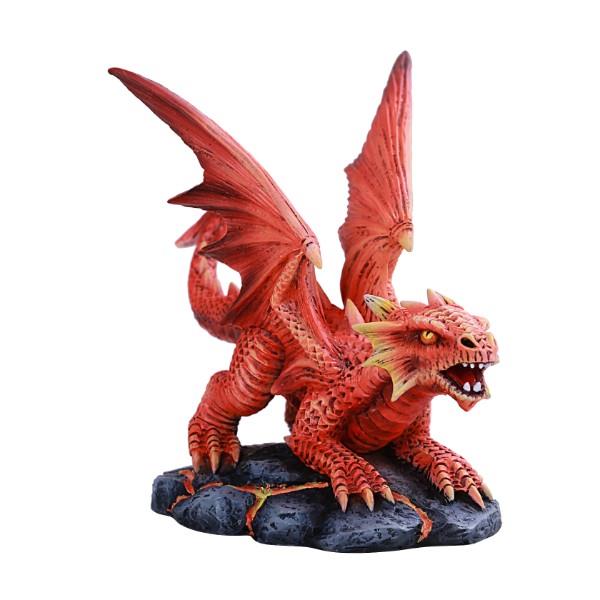 Red dragon figurine on rocky base, wings spread.