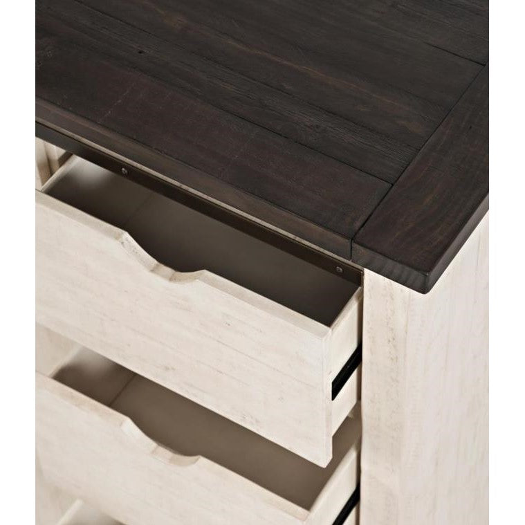 Wooden dresser with white drawers and dark top.