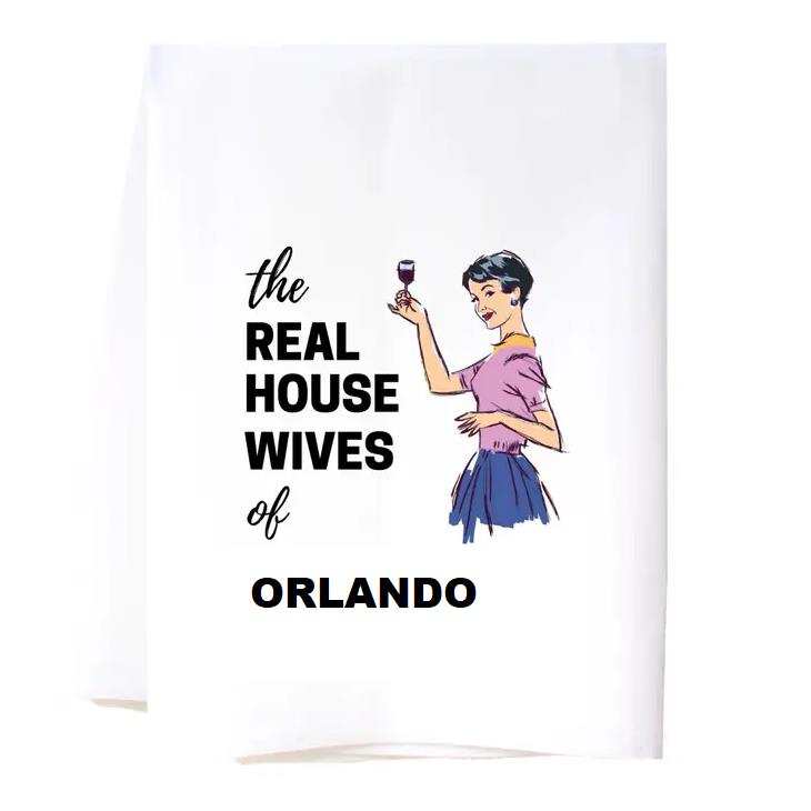 Retro woman with wine on "The Real Housewives of Orlando" text.