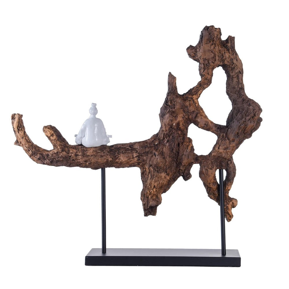 White ceramic figure on rustic wooden sculpture stand.