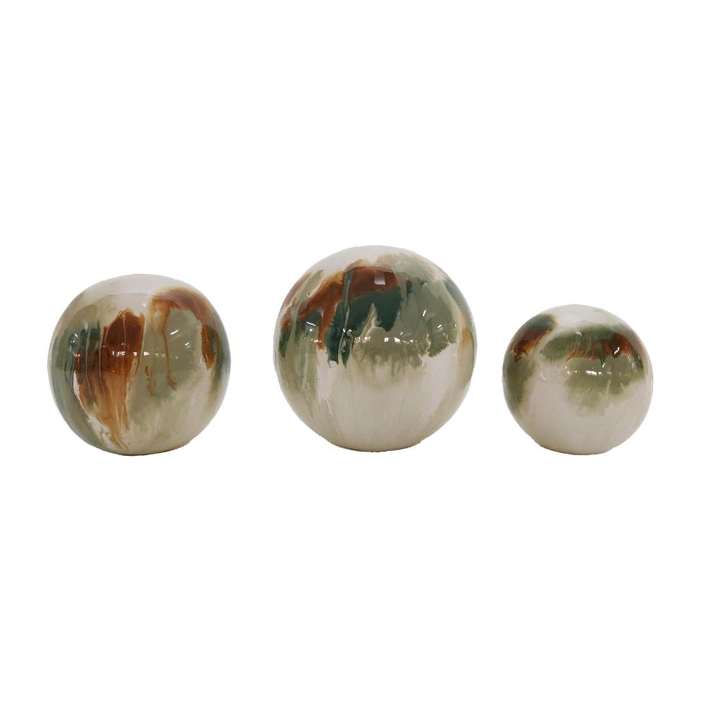 Three ceramic spheres with earth-tone glazes.