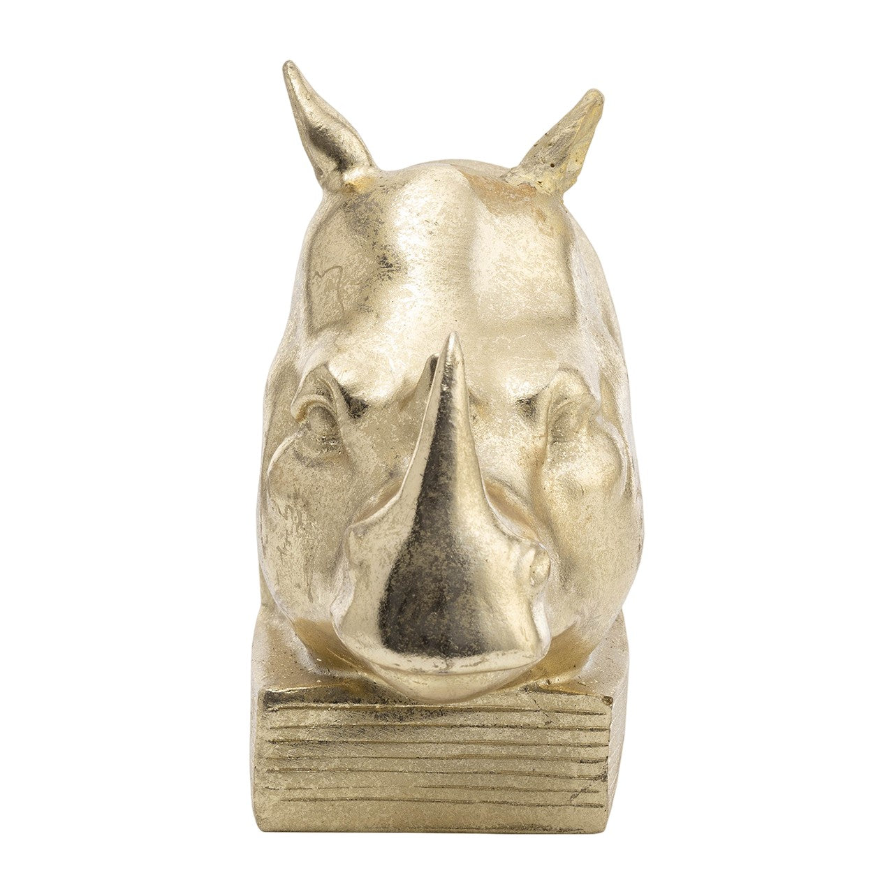 Golden rhino head sculpture on a square base.