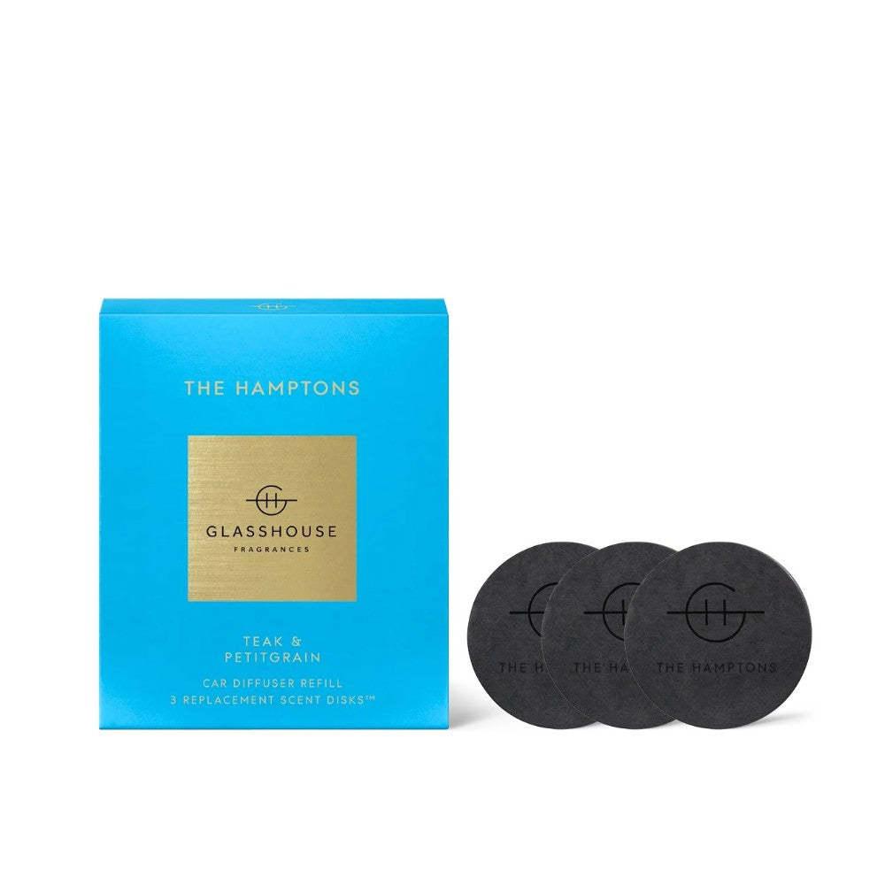Blue box with three black scent disks for a car diffuser refill.