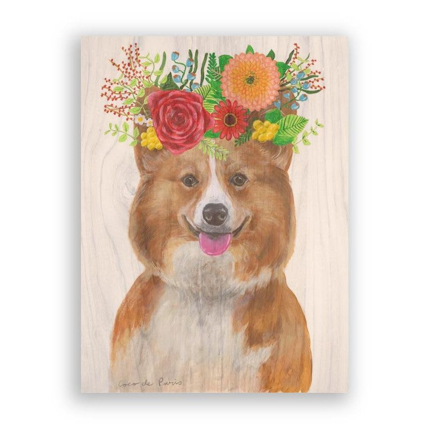 Painting of a smiling dog wearing a colorful flower crown.