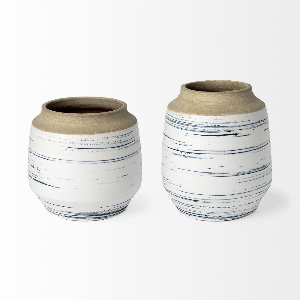 Two ceramic vases with blue horizontal stripes on a white background.